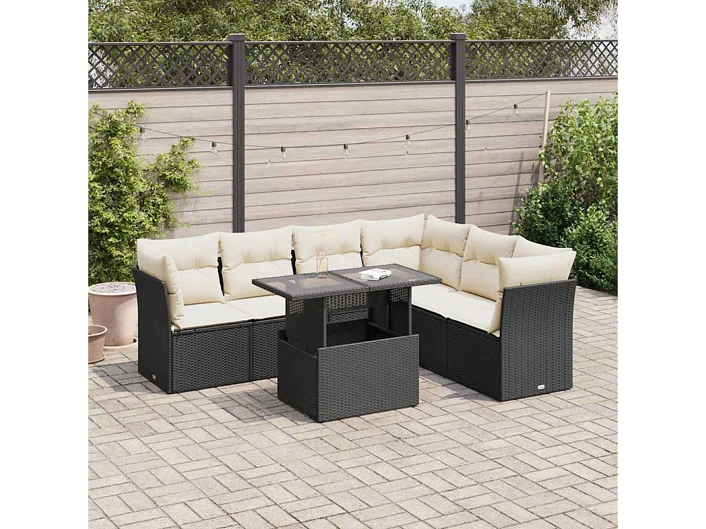 Salon de jardin 7 pcs avec coussins noir résine tressée