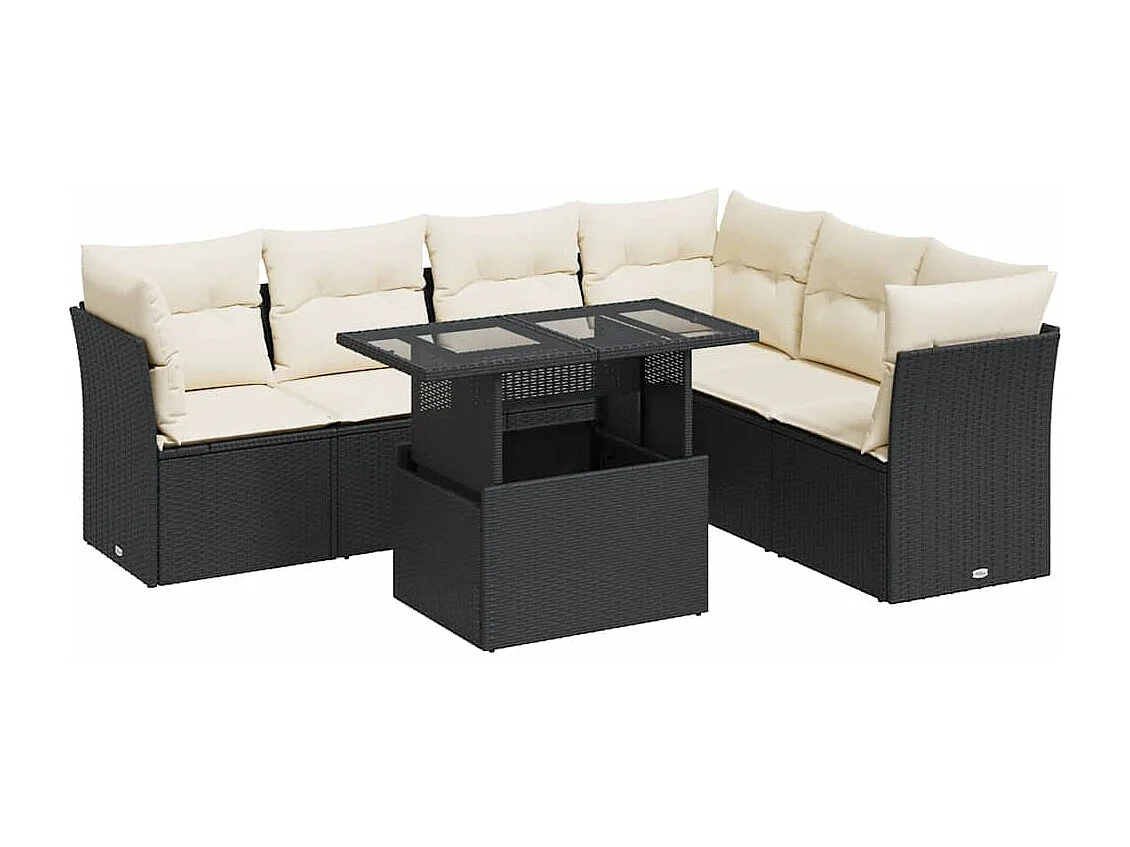 7-delige Loungeset met kussens poly rattan zwart