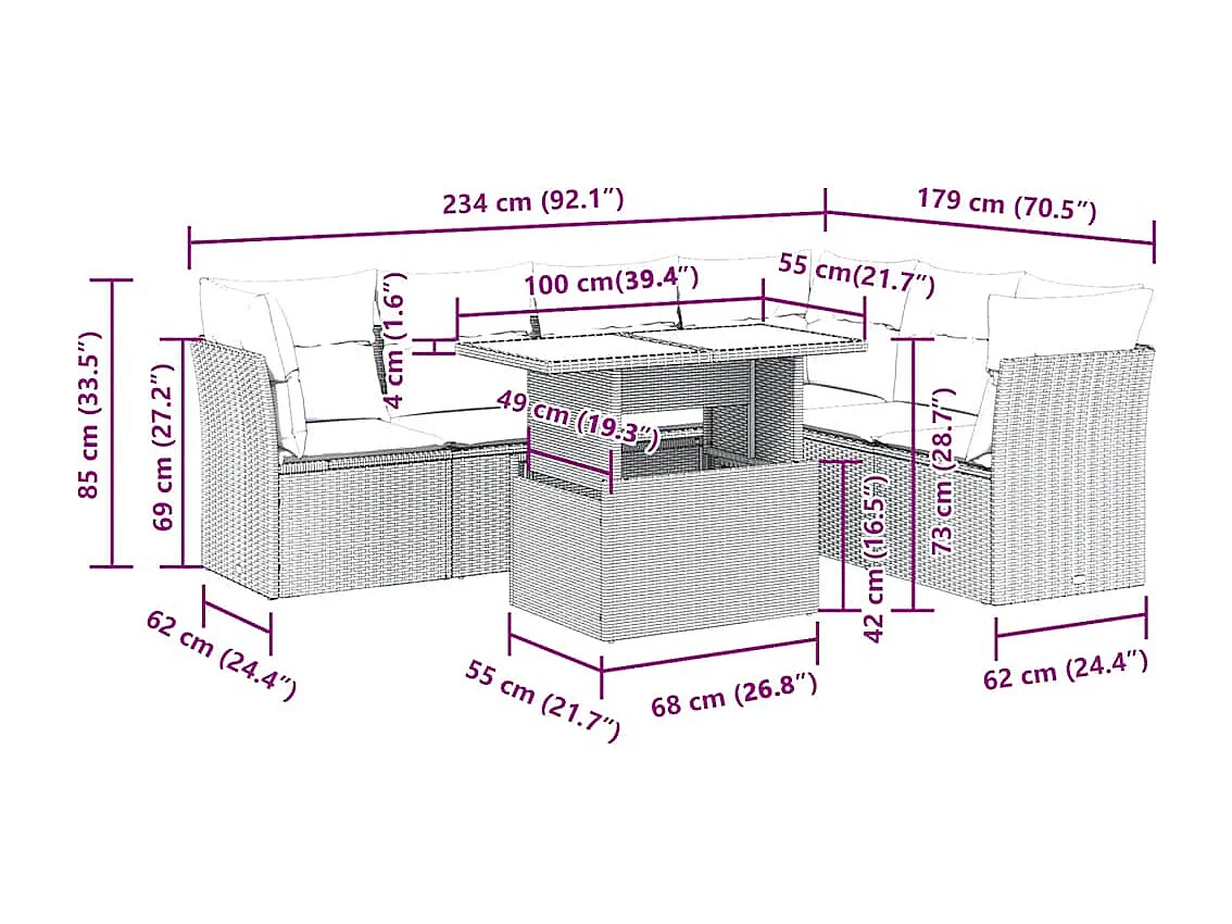 7-delige Loungeset met kussens poly rattan zwart