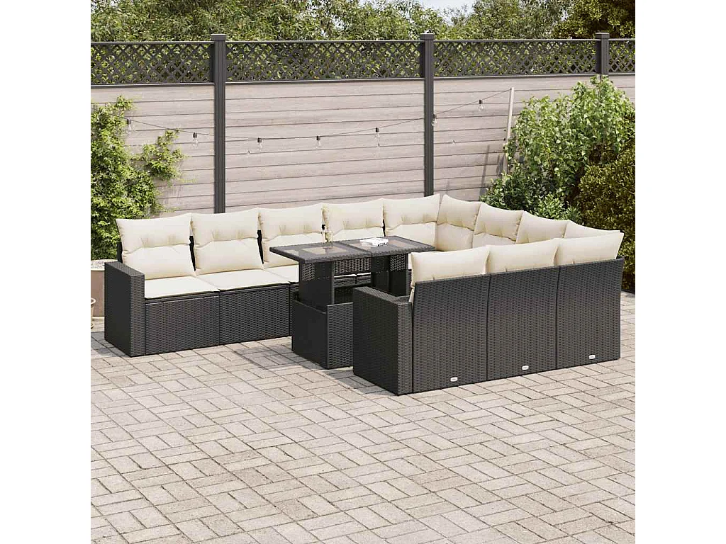 Salon de jardin 11 pcs avec coussins noir résine tressée