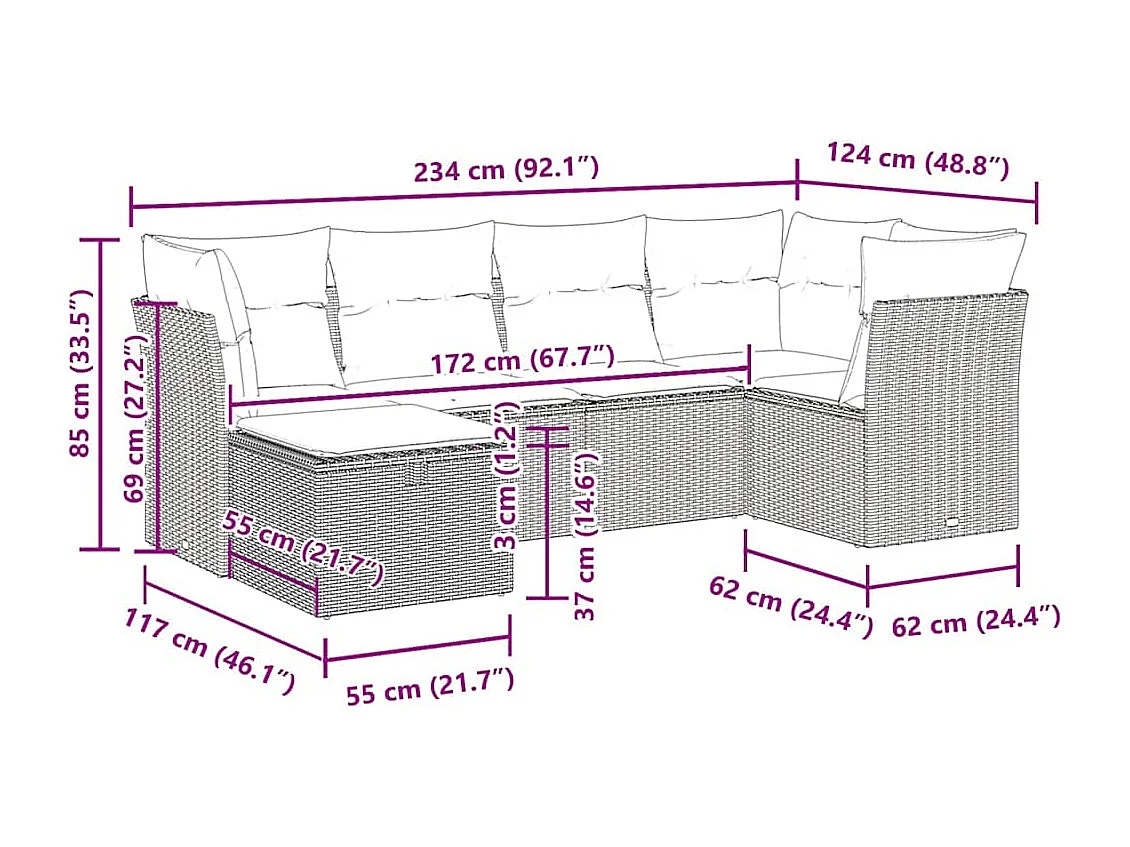6 pcs conjunto de sofás p/ jardim com almofadões vime PE bege