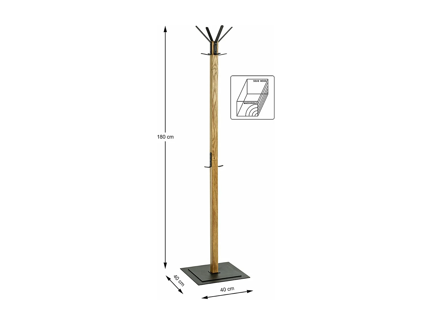 Portemanteau en bois massif coloris chêne et métal noir - longueur 40 x profondeur 40 x hauteur 180 cm