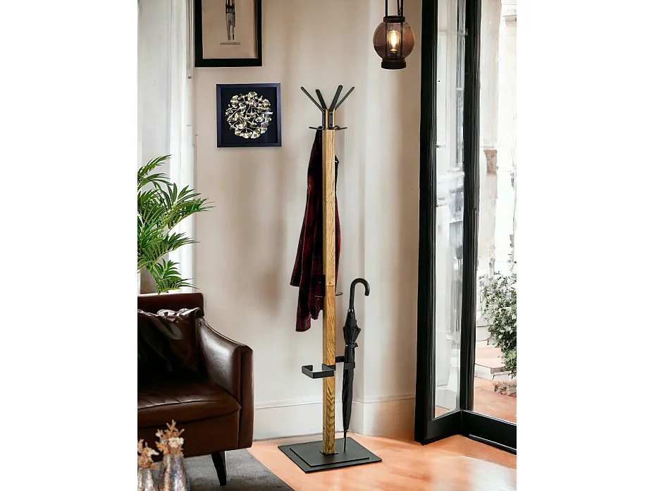Portemanteau en bois massif coloris chêne et métal noir -longueur 40 x profondeur 40 x hauteur 180 cm