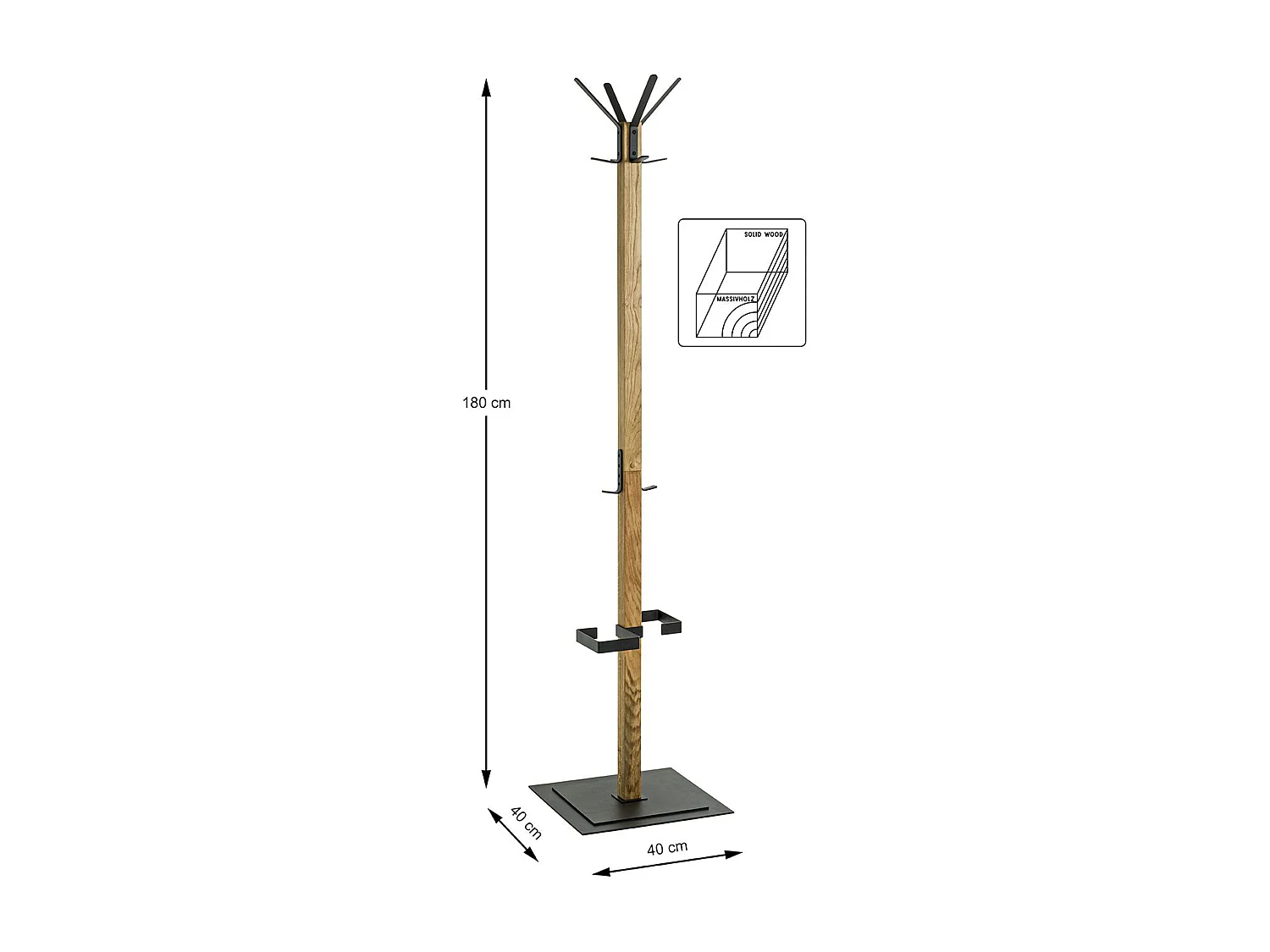 Portemanteau en bois massif coloris chêne et métal noir -longueur 40 x profondeur 40 x hauteur 180 cm