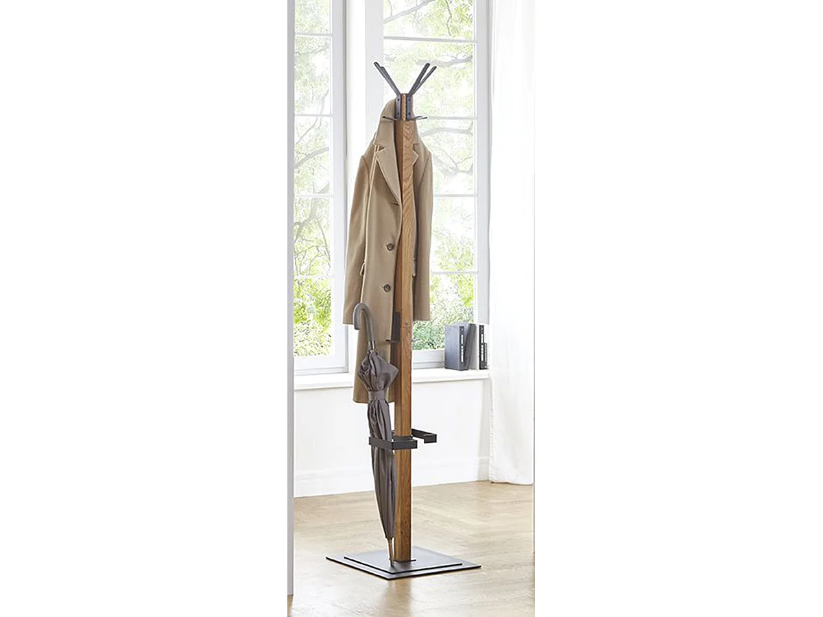 Portemanteau en bois massif coloris chêne et métal noir -longueur 40 x profondeur 40 x hauteur 180 cm