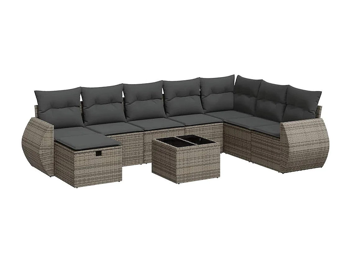 9 pcs conjunto sofás p/ jardim com almofadões vime PE cinzento