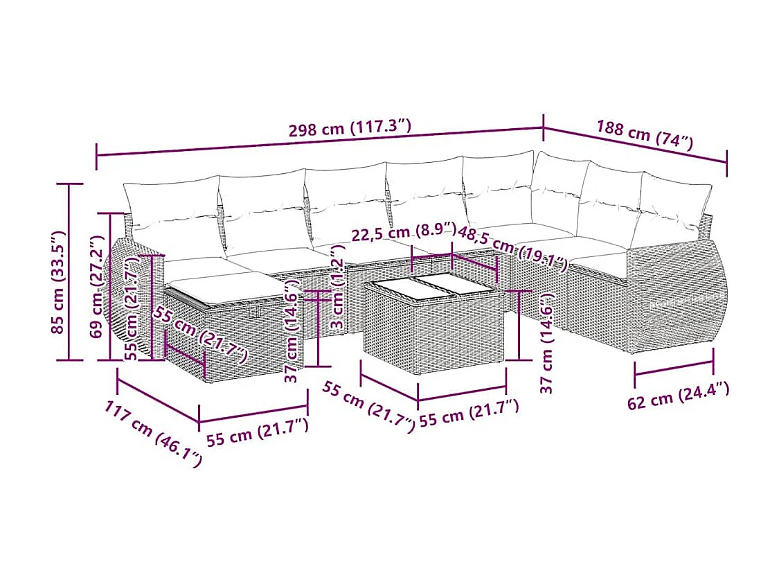 9 pcs conjunto sofás p/ jardim com almofadões vime PE cinzento
