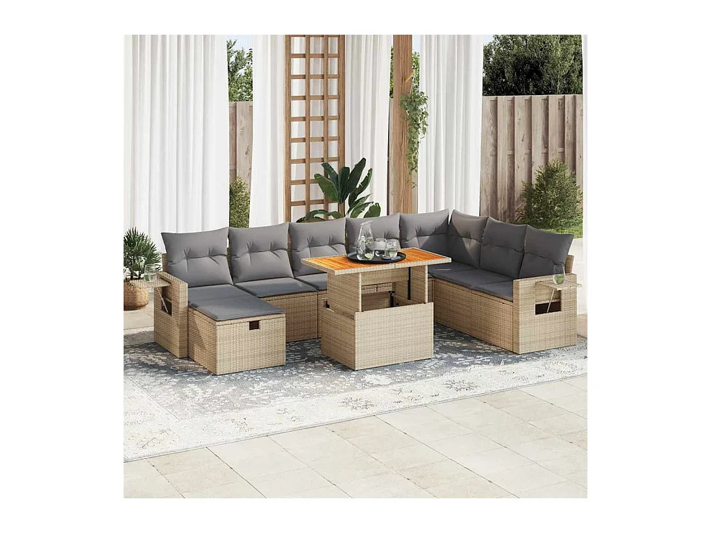 Salon de jardin avec coussins 9 pcs beige résine tressée acacia