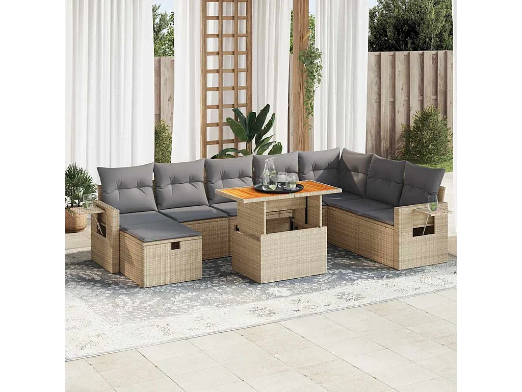 9-tlg. Garten-Sofagarnitur mit Kissen Beige Poly Rattan Akazie