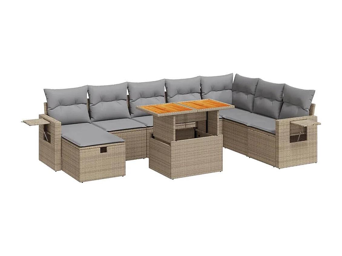 9-tlg. Garten-Sofagarnitur mit Kissen Beige Poly Rattan Akazie