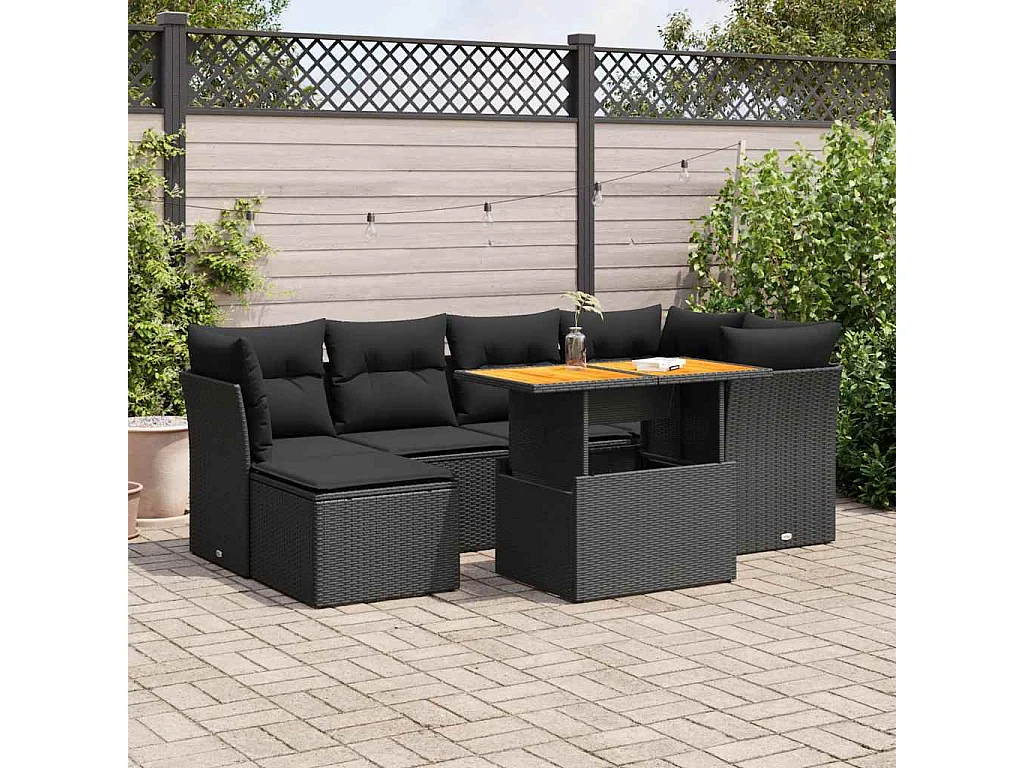 7-tlg. Garten-Sofagarnitur mit Kissen Schwarz Poly Rattan