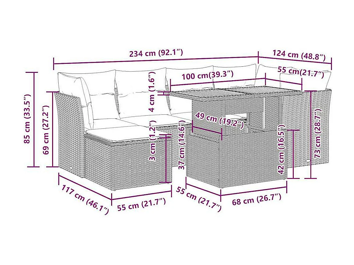 7-tlg. Garten-Sofagarnitur mit Kissen Schwarz Poly Rattan