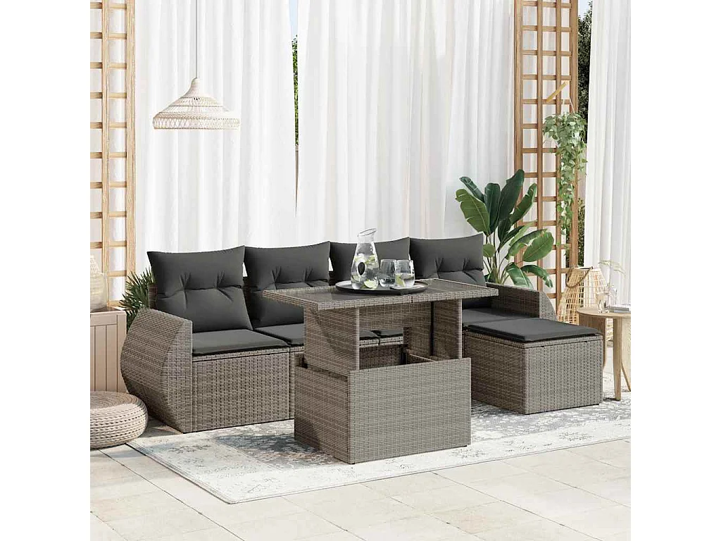 6-delige Loungeset met kussens poly rattan grijs