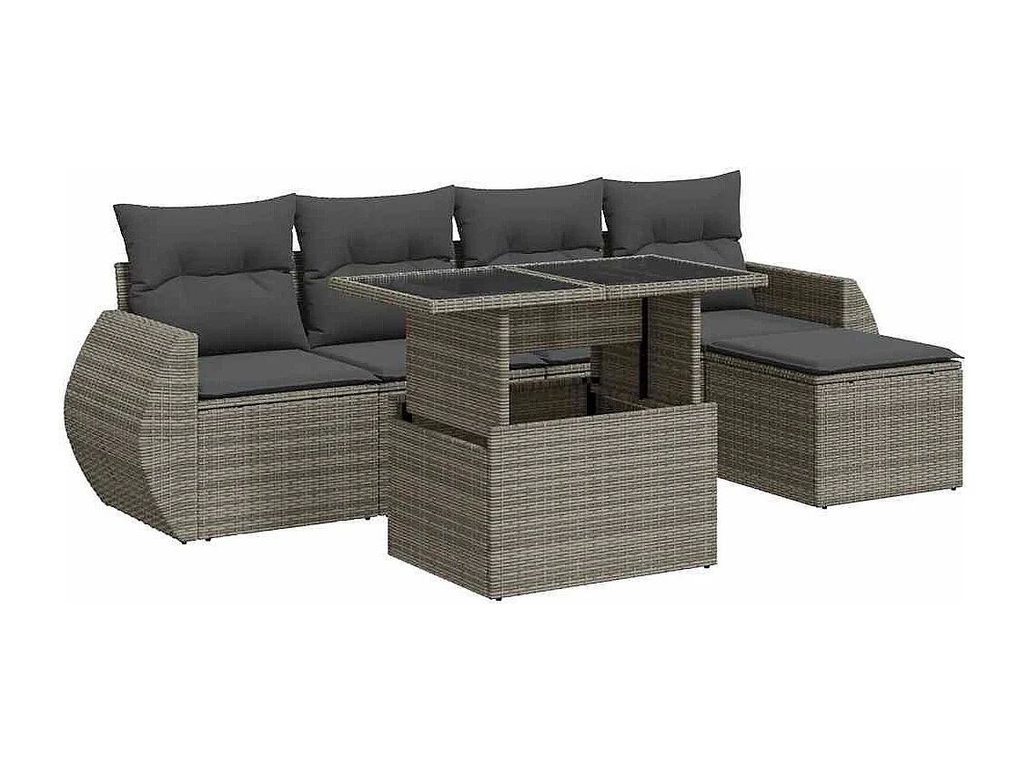 6-delige Loungeset met kussens poly rattan grijs