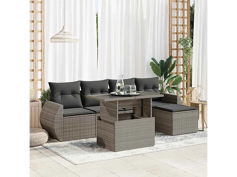 6-tlg. Garten-Sofagarnitur mit Kissen Grau Poly Rattan