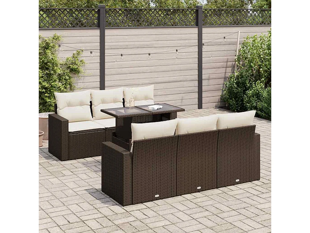 7-tlg. Garten-Sofagarnitur mit Kissen Braun Poly Rattan