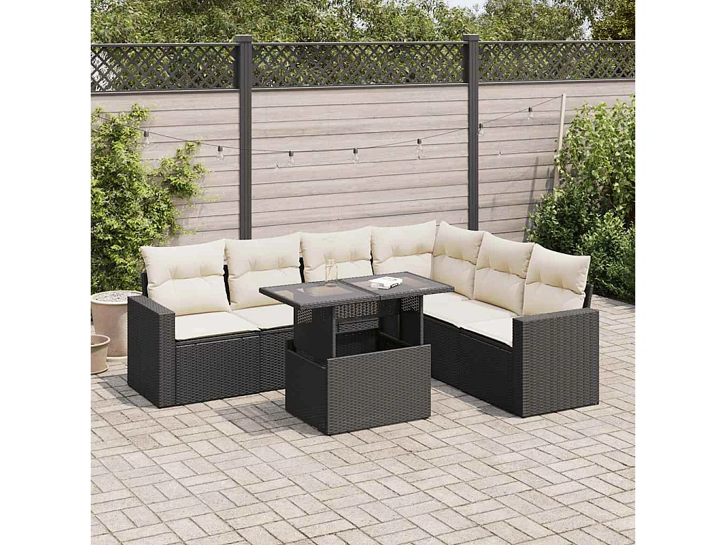 Set Divani da Giardino con Cuscini 7pz Nero Polyrattan