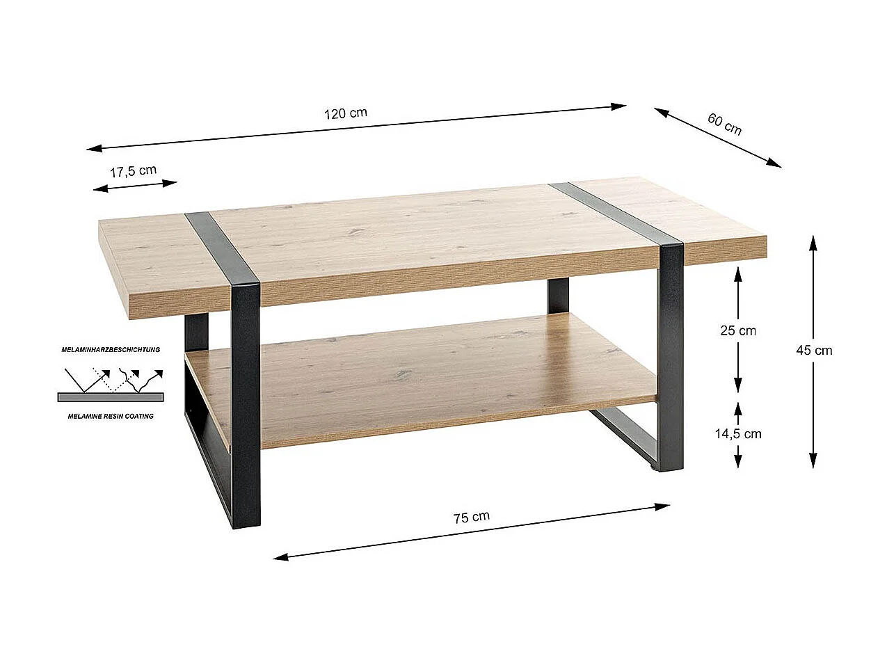 Table basse, table de salon en bois coloris chêne et métal noir  -longueur 120 x profondeur 60 x hauteur 45 cm
