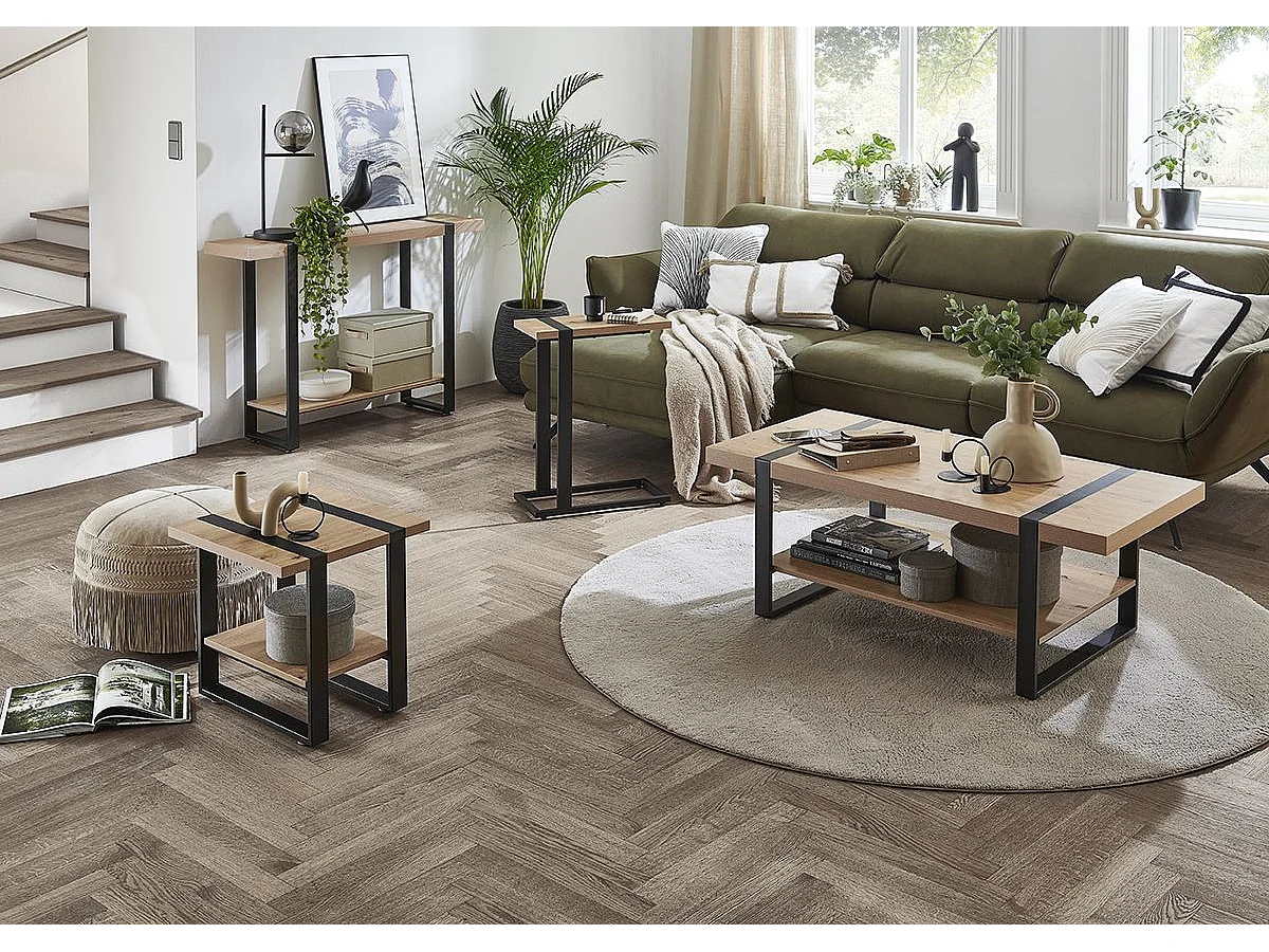 Table basse, table de salon en bois coloris chêne et métal noir  -longueur 120 x profondeur 60 x hauteur 45 cm