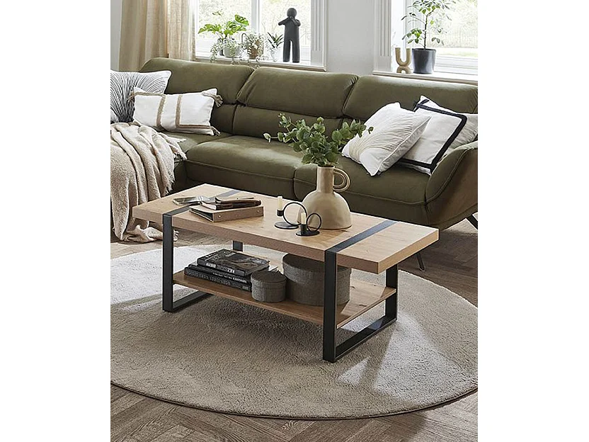 Table basse, table de salon en bois coloris chêne et métal noir  -longueur 120 x profondeur 60 x hauteur 45 cm