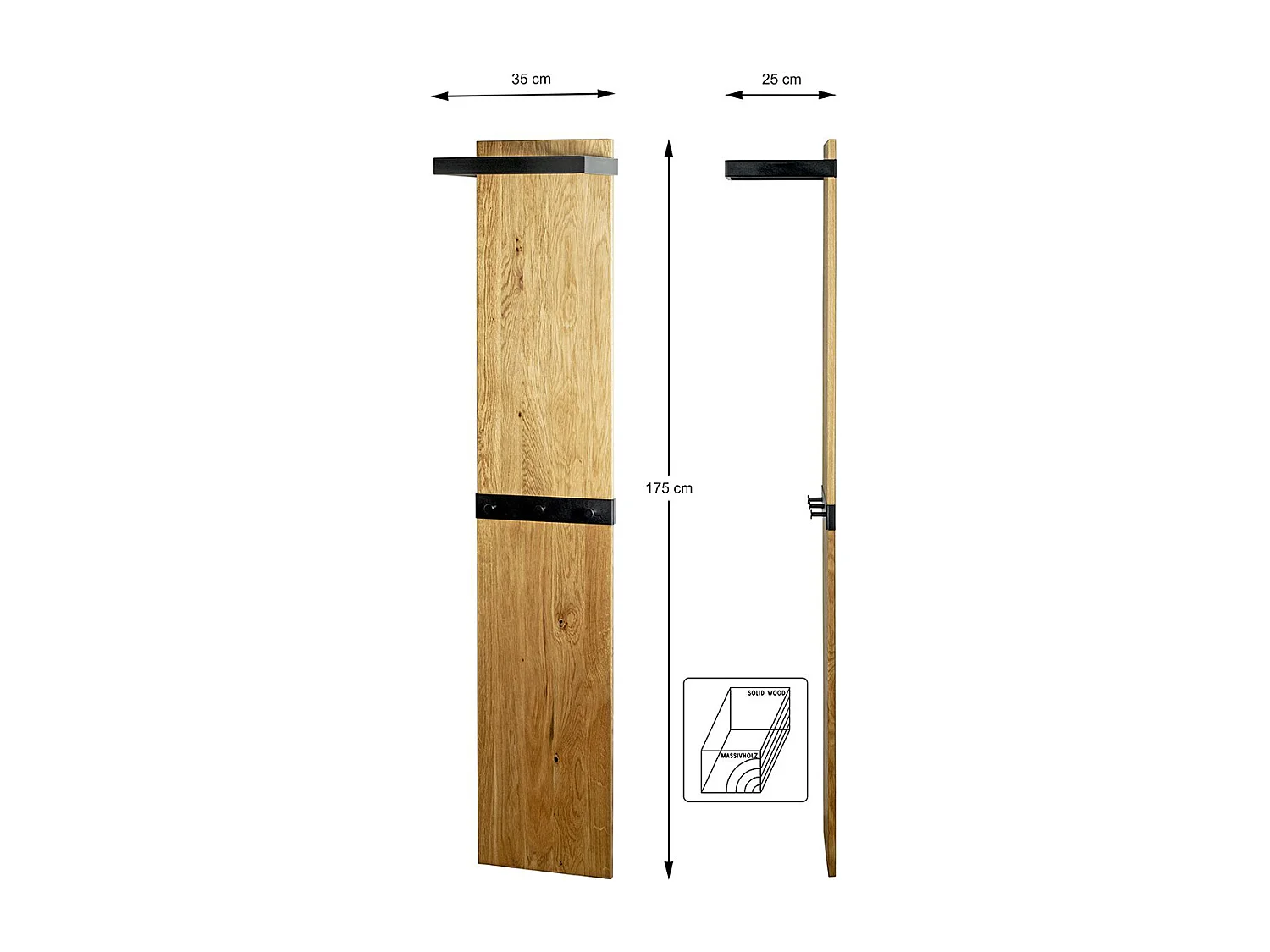 Garderobe murale, Patère murale en bois massif coloris chêne et métal noir  -longueur 35 x profondeur 25 x hauteur 175 cm