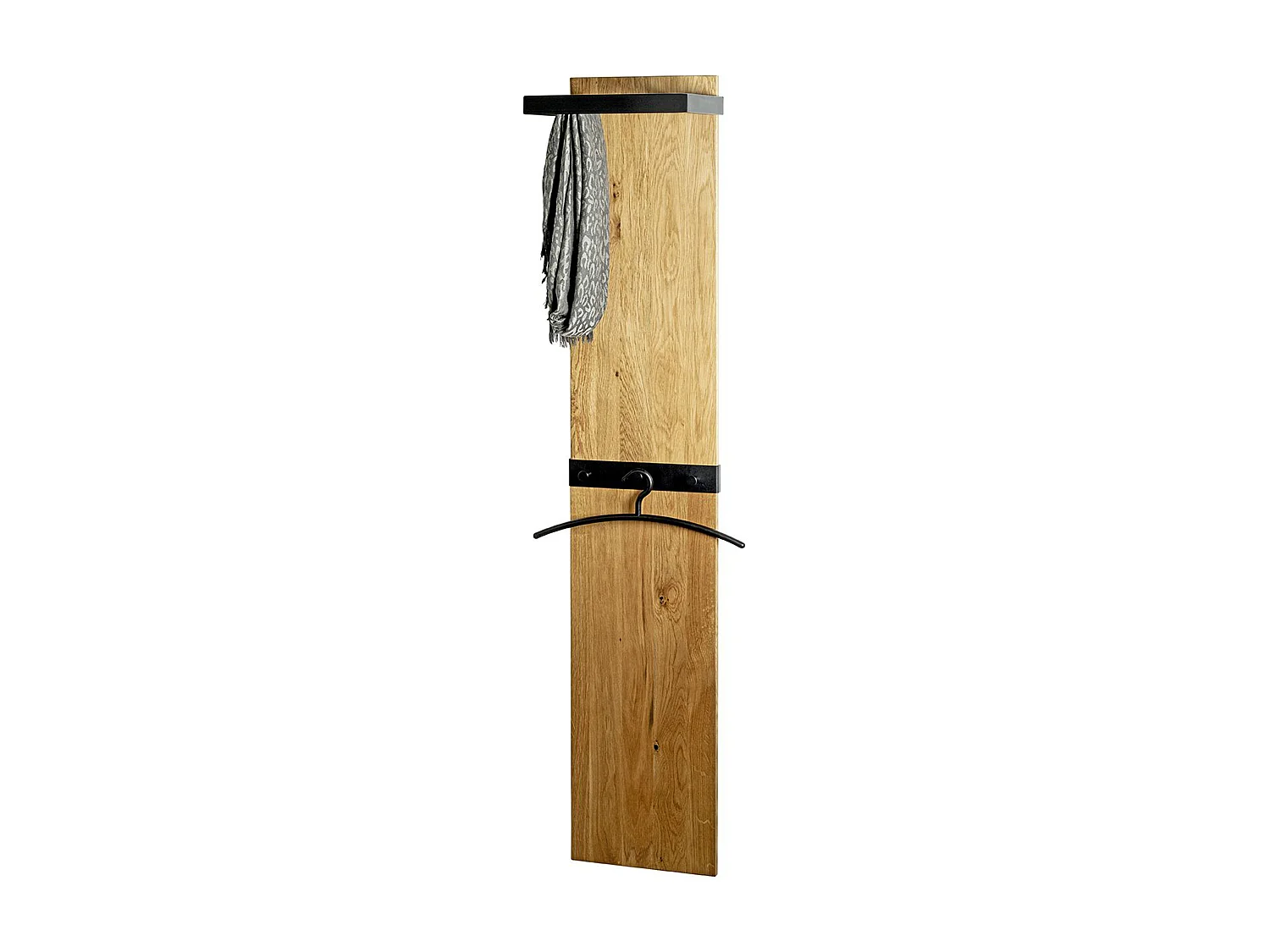 Garderobe murale, Patère murale en bois massif coloris chêne et métal noir  -longueur 35 x profondeur 25 x hauteur 175 cm