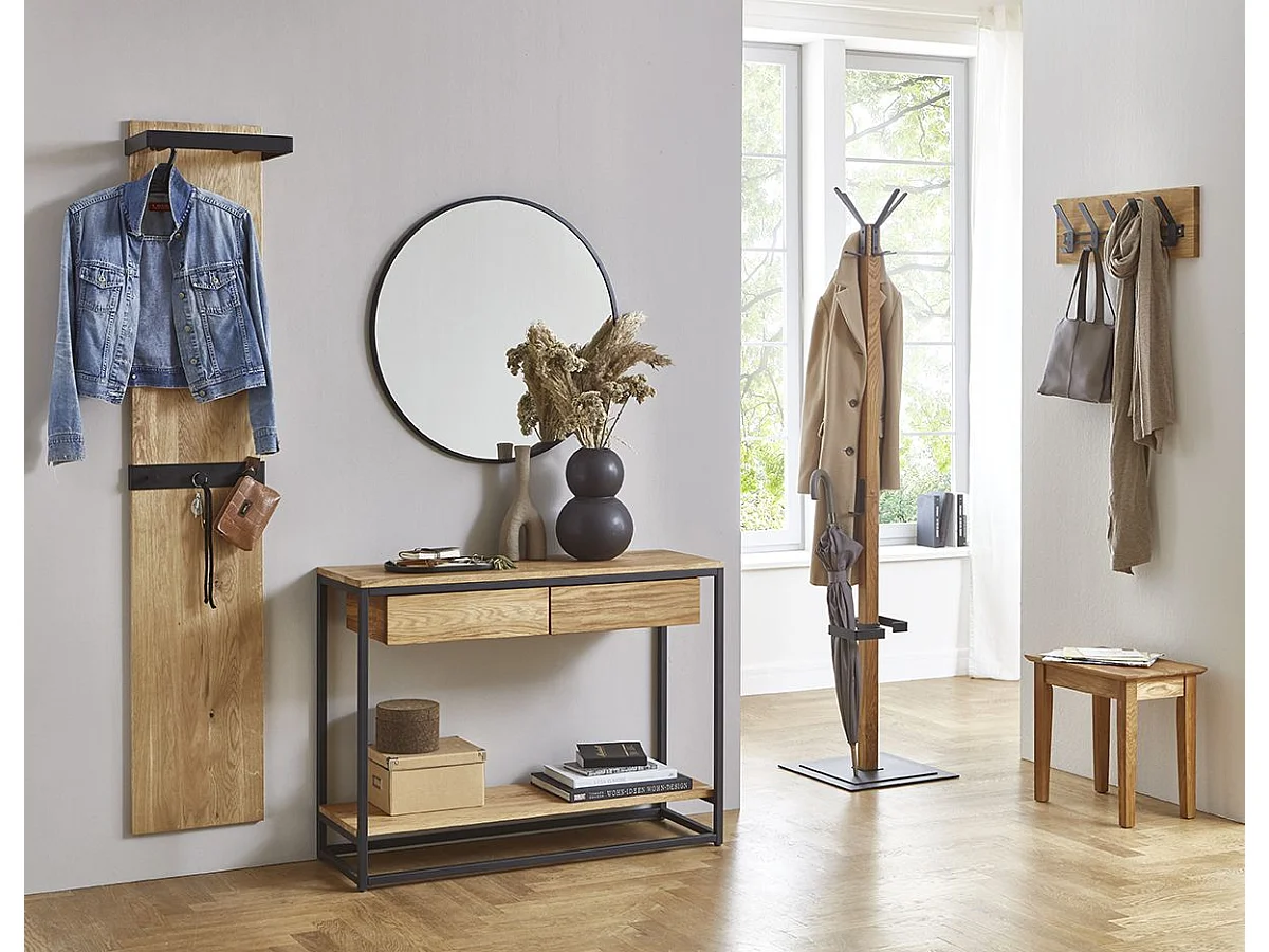 Garderobe murale, Patère murale en bois massif coloris chêne et métal noir  -longueur 35 x profondeur 25 x hauteur 175 cm