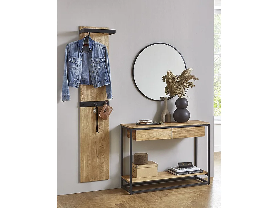 Garderobe murale, Patère murale en bois massif coloris chêne et métal noir  -longueur 35 x profondeur 25 x hauteur 175 cm