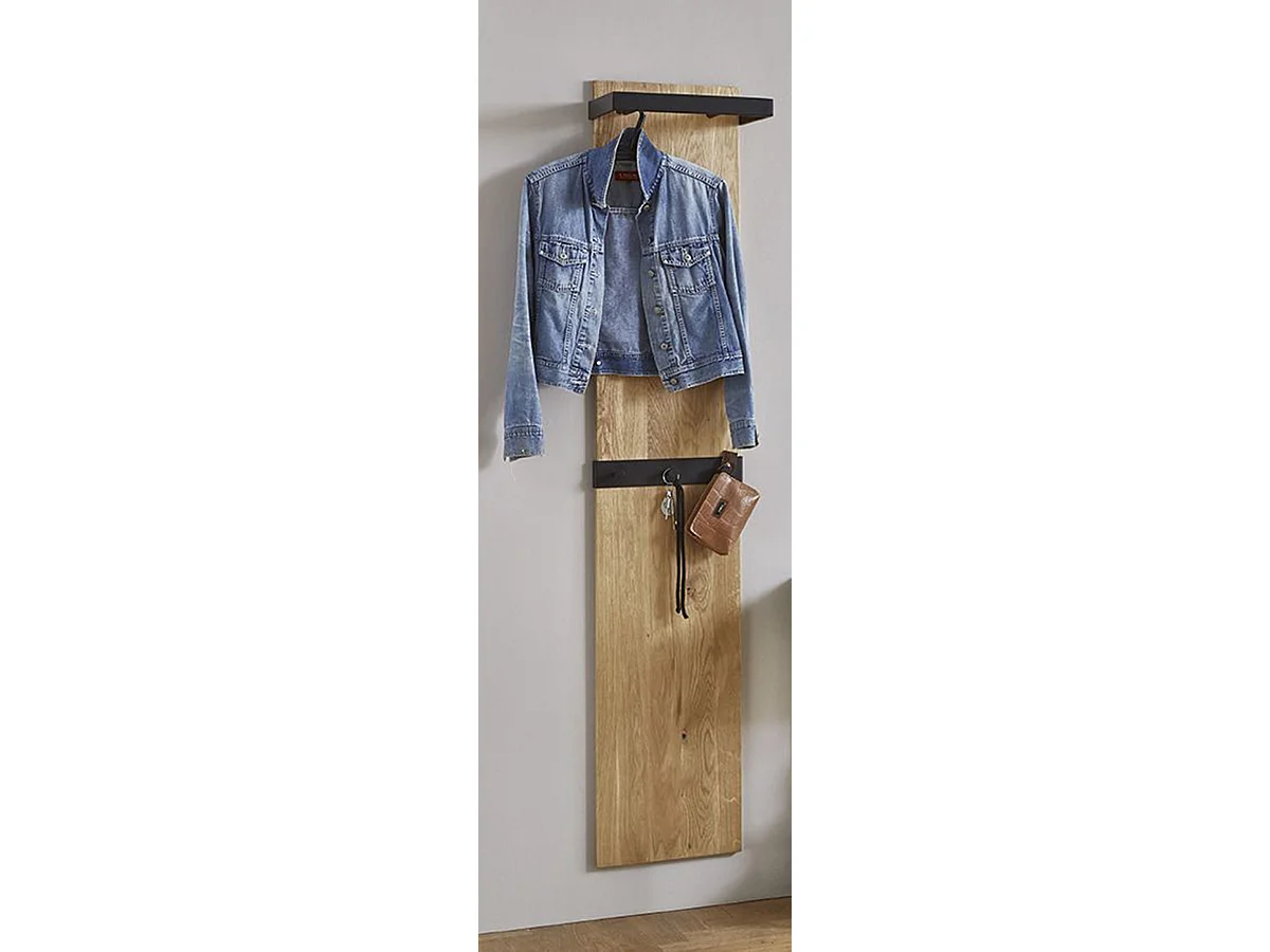 Garderobe murale, Patère murale en bois massif coloris chêne et métal noir  -longueur 35 x profondeur 25 x hauteur 175 cm
