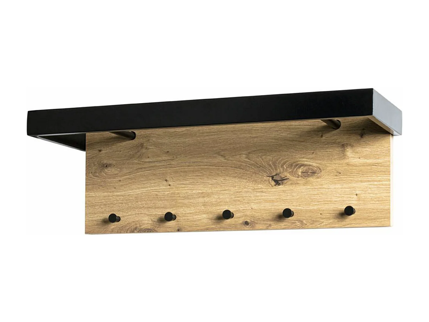 Garderobe murale, Patère murale en bois coloris chêne et métal noir  - longueur 70 x profondeur 25 x hauteur 24 cm