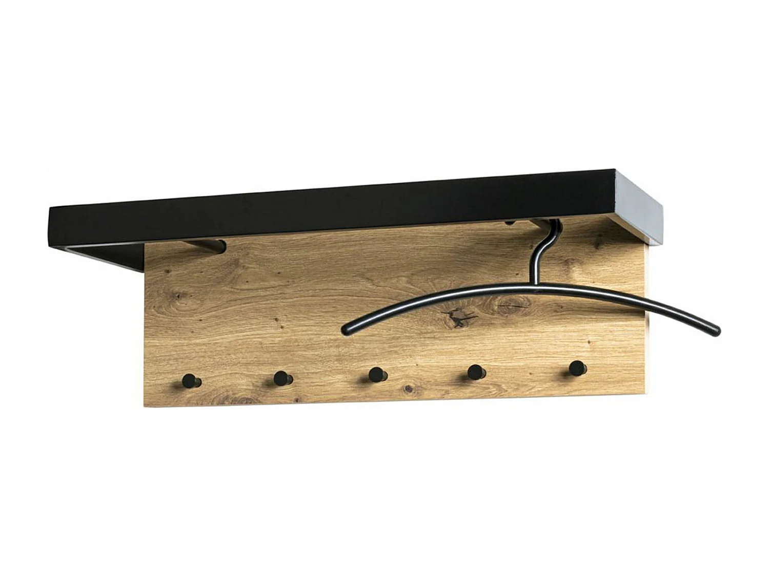 Garderobe murale, Patère murale en bois coloris chêne et métal noir  - longueur 70 x profondeur 25 x hauteur 24 cm