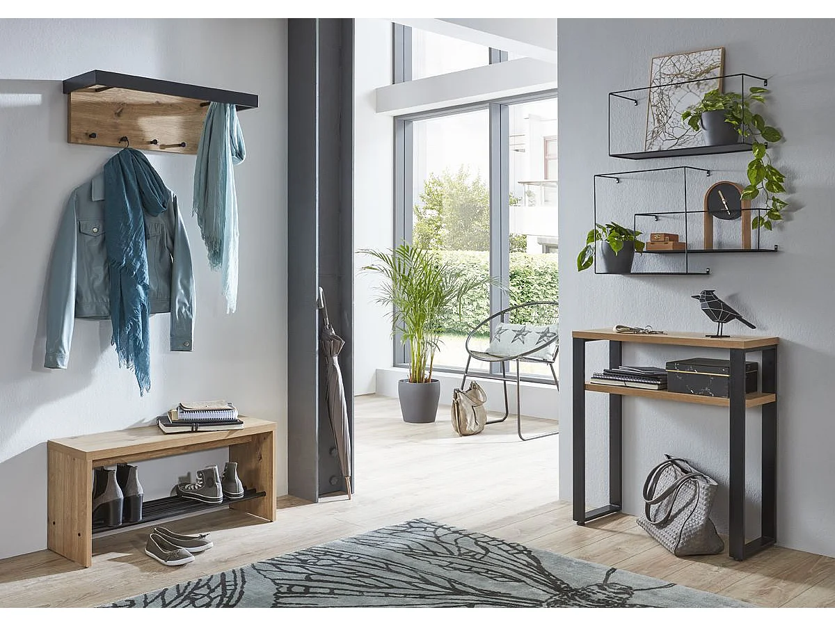 Garderobe murale, Patère murale en bois coloris chêne et métal noir  - longueur 70 x profondeur 25 x hauteur 24 cm