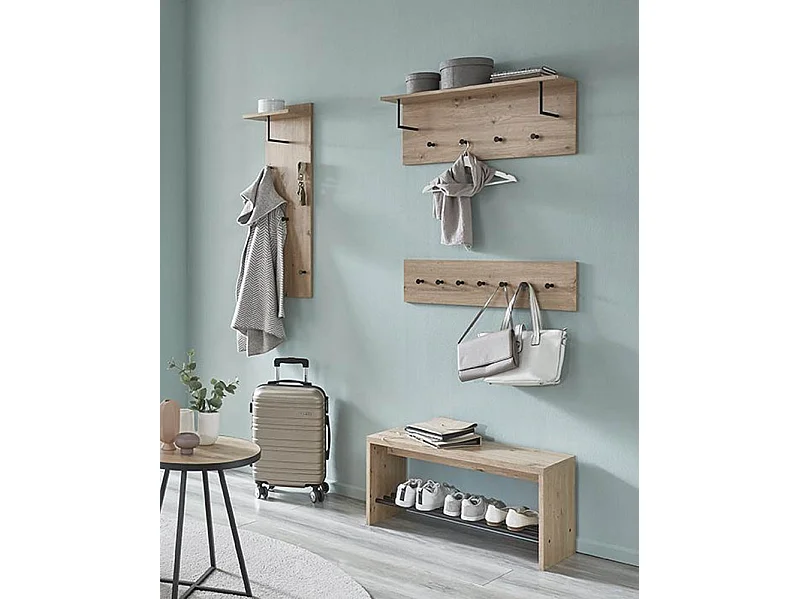 Garderobe murale, Patère murale en bois coloris chêne et métal noir  -longueur 30 x profondeur 20 x hauteur 100 cm