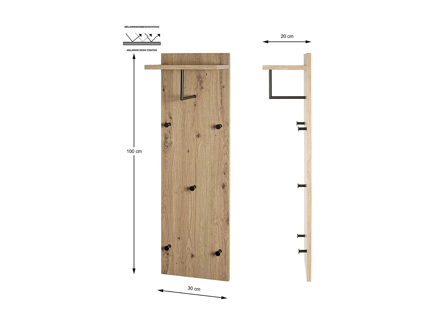 Garderobe murale, Patère murale en bois coloris chêne et métal noir  -longueur 30 x profondeur 20 x hauteur 100 cm