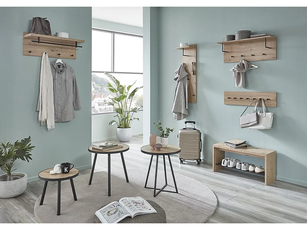 Garderobe murale, Patère murale en bois coloris chêne et métal noir  -longueur 30 x profondeur 20 x hauteur 100 cm