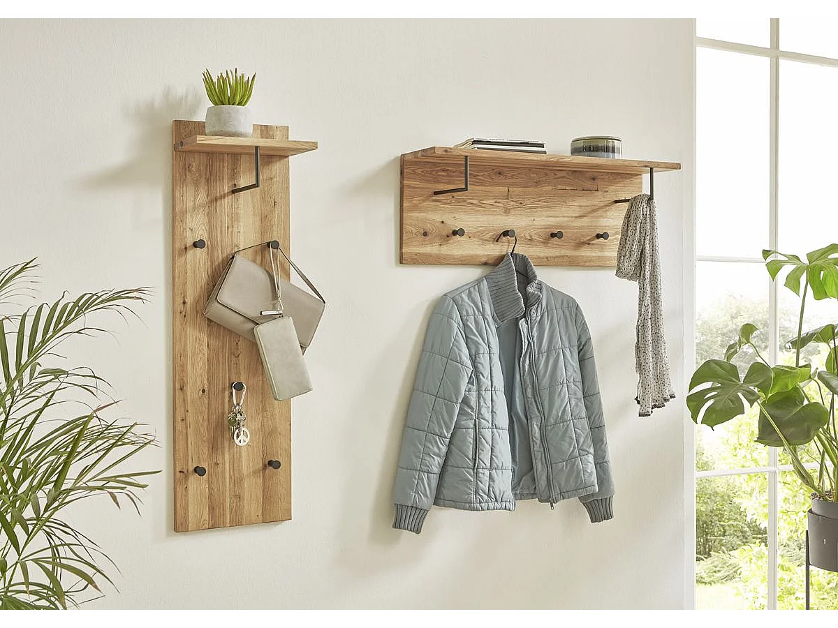 Garderobe murale, Patère murale en bois coloris chêne huilé et métal noir -longueur 30 x profondeur 20 x hauteur 100 cm