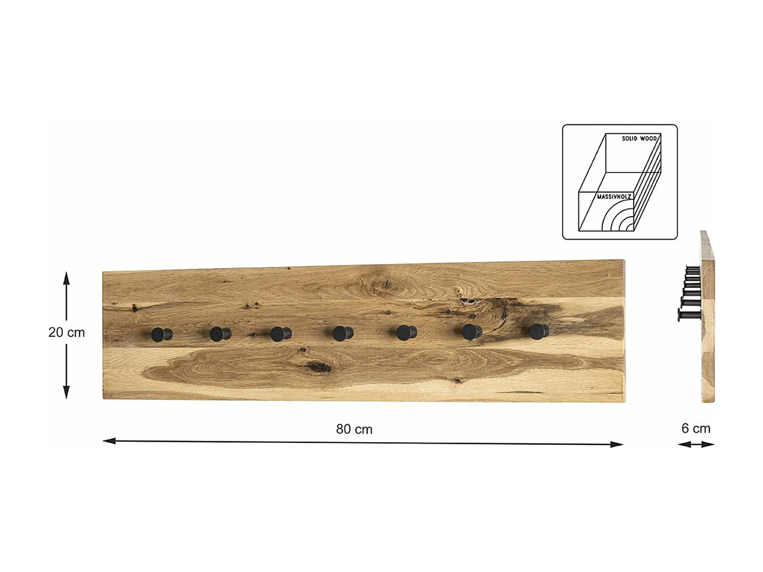 Garderobe murale, Patère murale en bois coloris chêne huilé et métal noir - longueur 80 x profondeur 6 x hauteur 20 cm