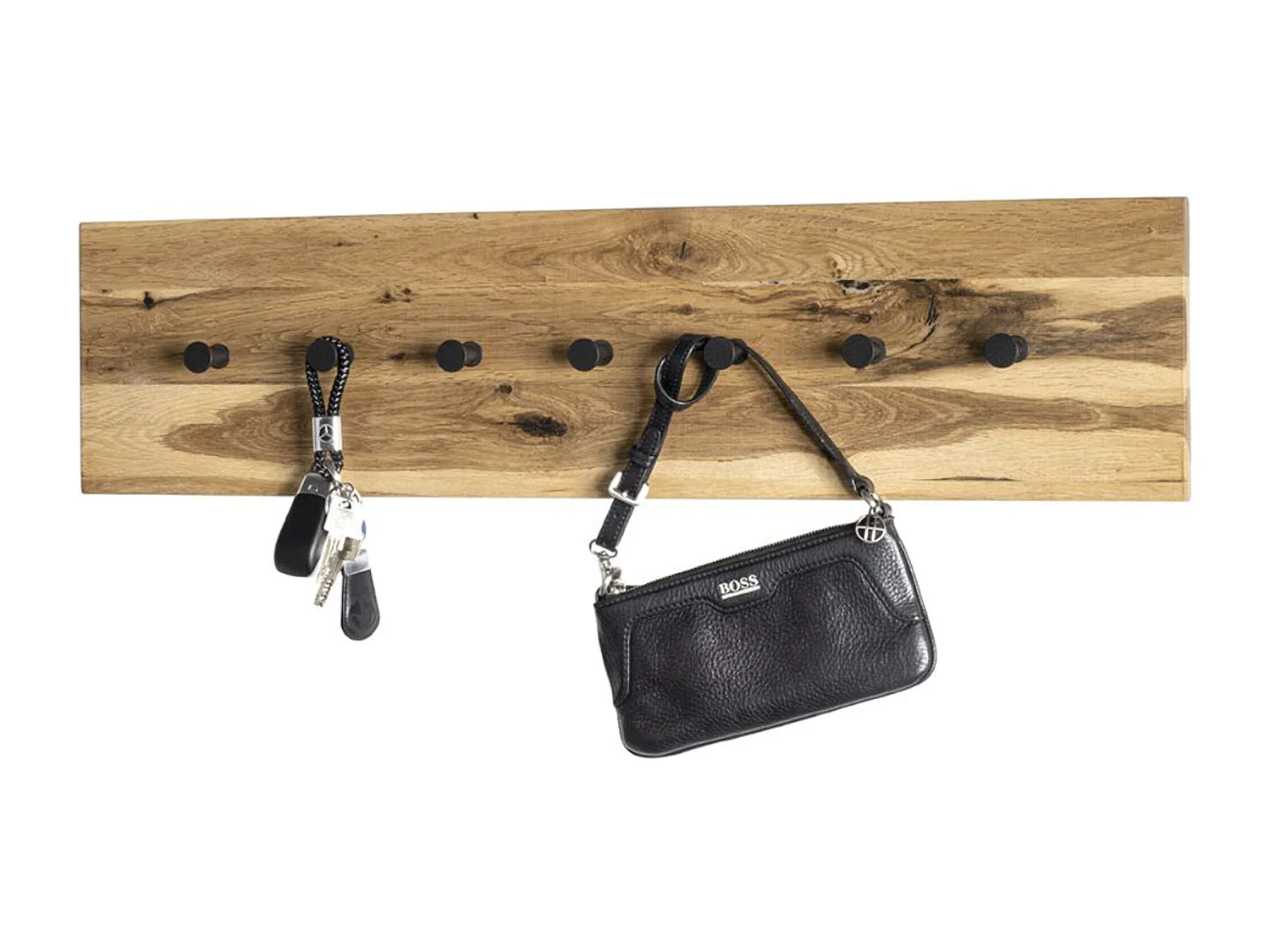 Garderobe murale, Patère murale en bois coloris chêne huilé et métal noir - longueur 80 x profondeur 6 x hauteur 20 cm