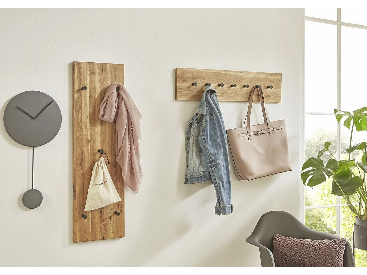 Garderobe murale, Patère murale en bois coloris chêne huilé et métal noir - longueur 80 x profondeur 6 x hauteur 20 cm