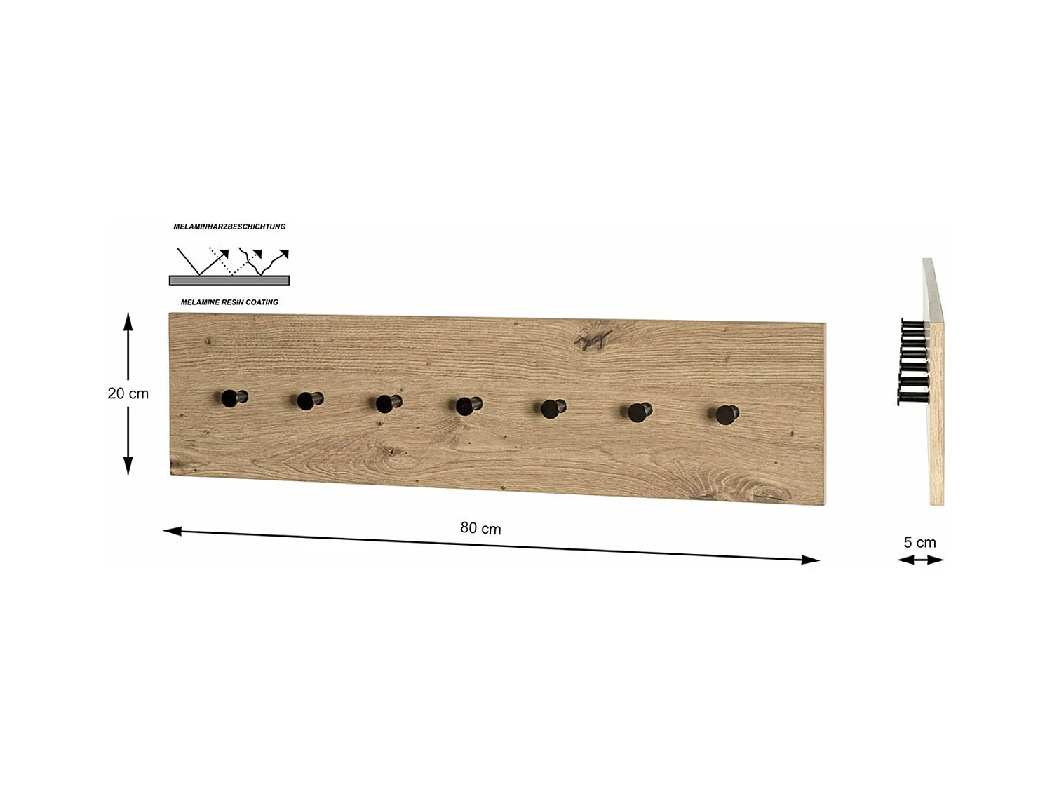 Garderobe murale, Patère murale en bois coloris chêne et métal noir  - longueur 80 x profondeur 5 x hauteur 20 cm