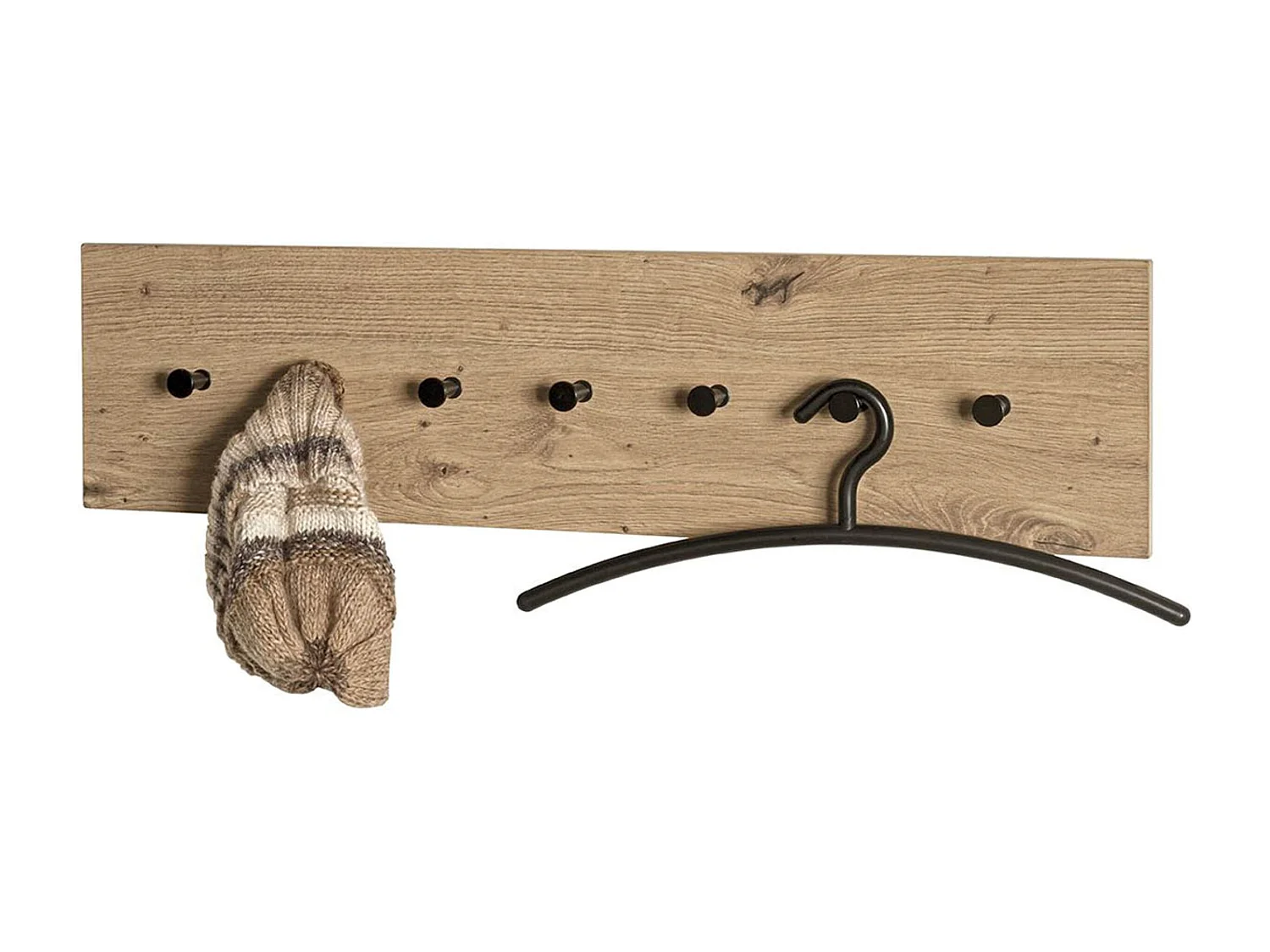 Garderobe murale, Patère murale en bois coloris chêne et métal noir  - longueur 80 x profondeur 5 x hauteur 20 cm