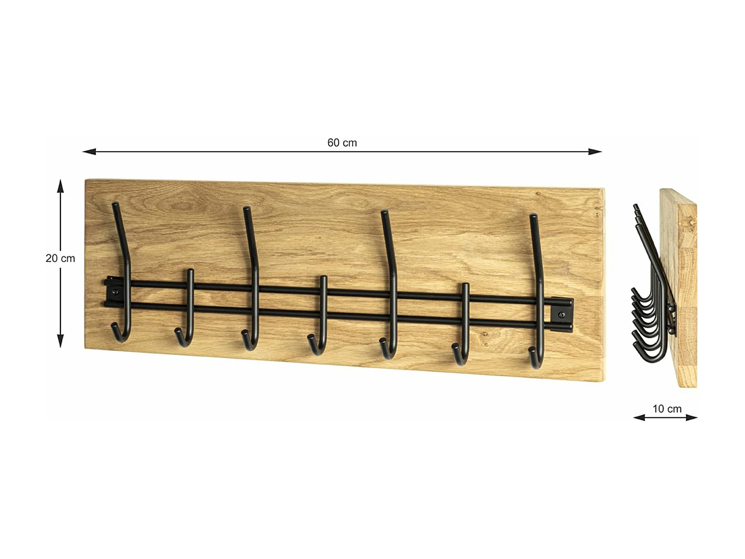 Garderobe murale, Patère murale en bois massif coloris chêne et métal noir   -longueur 60 x profondeur 10  x hauteur 20 cm