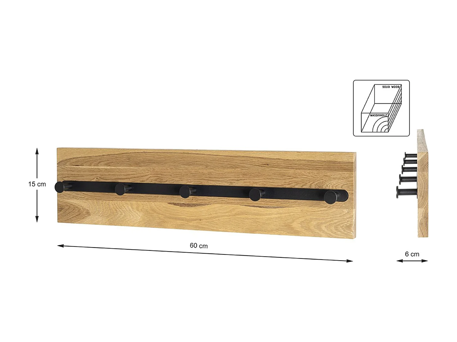 Garderobe murale, Patère murale en bois massif coloris chêne et métal noir   -longueur  60 x profondeur 6 x hauteur 15 cm