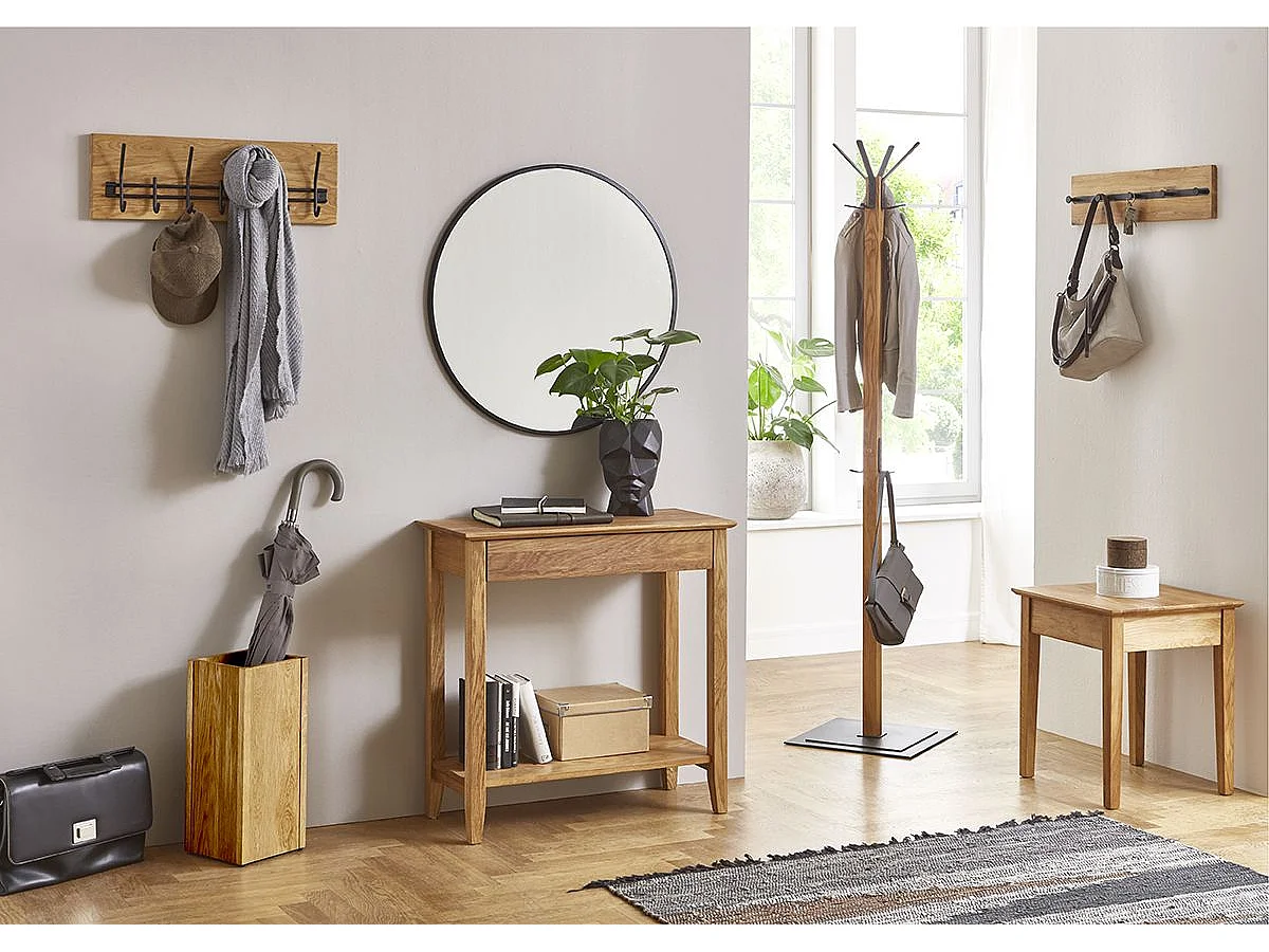 Garderobe murale, Patère murale en bois massif coloris chêne et métal noir   -longueur  60 x profondeur 6 x hauteur 15 cm