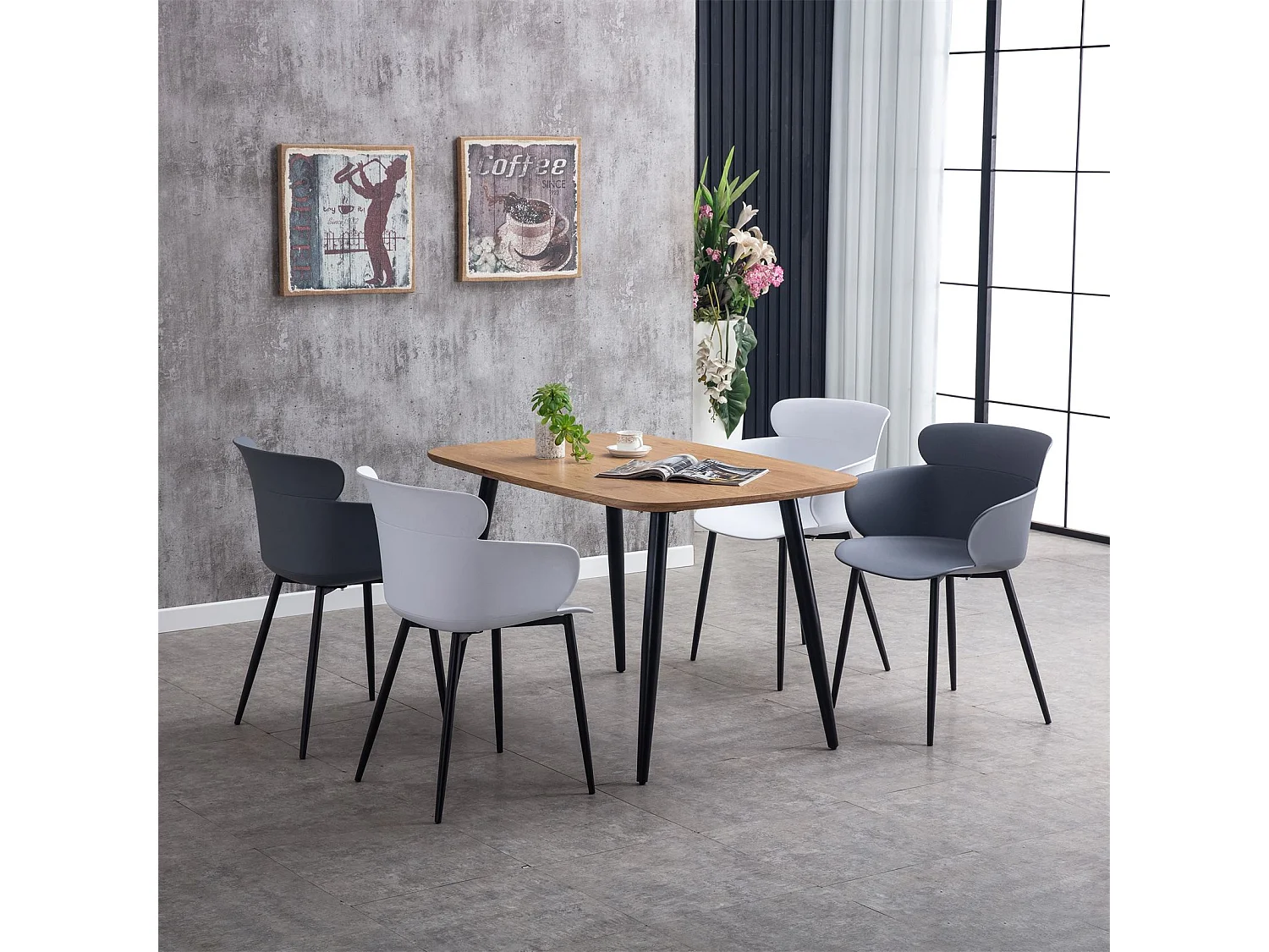 Lot de 4 chaises CATCH salle à manger ou cuisine design retro avec larges accoudoirs, coque en plastique gris et 4 pieds métal