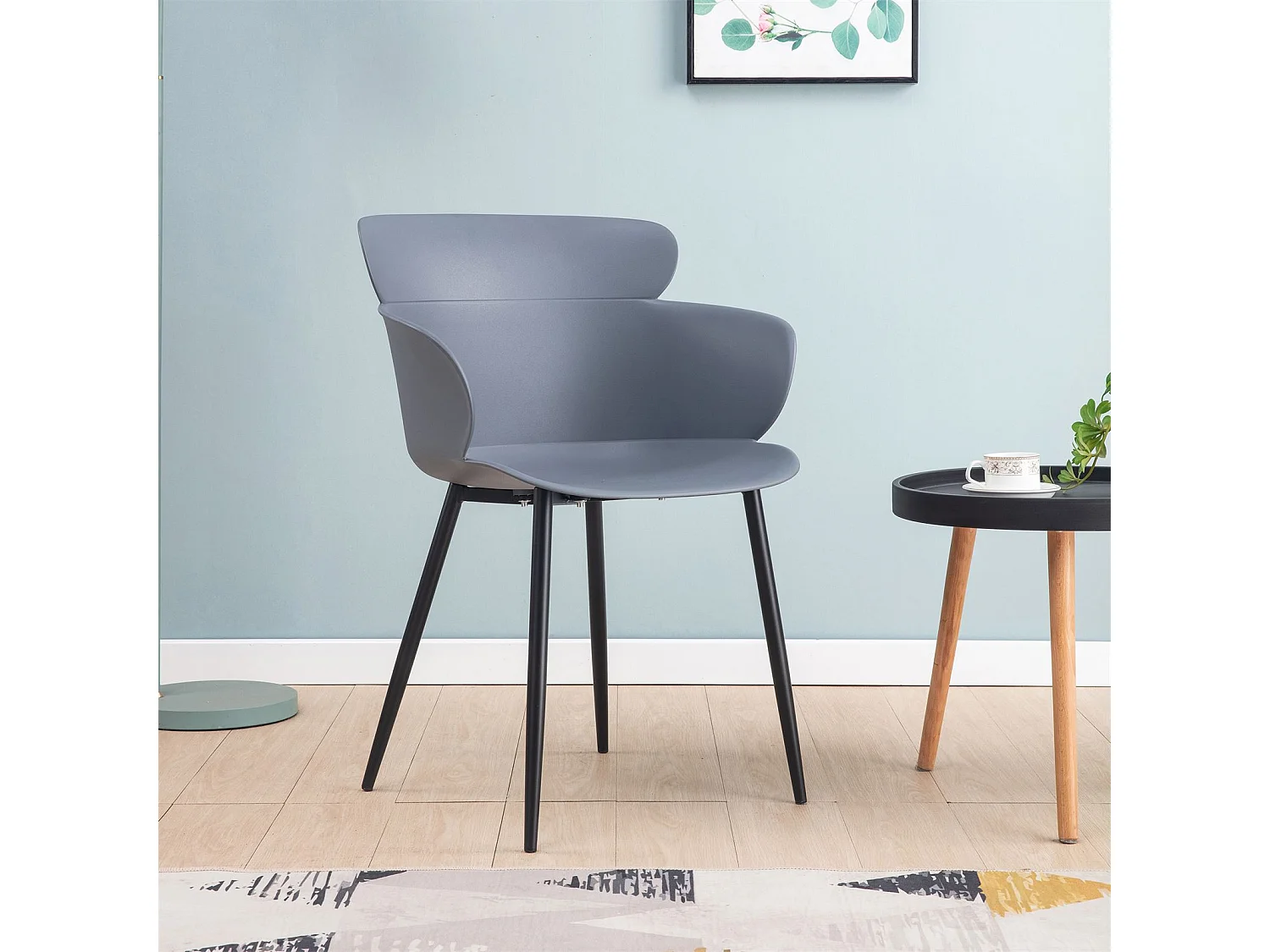 Lot de 4 chaises CATCH salle à manger ou cuisine design retro avec larges accoudoirs, coque en plastique gris et 4 pieds métal
