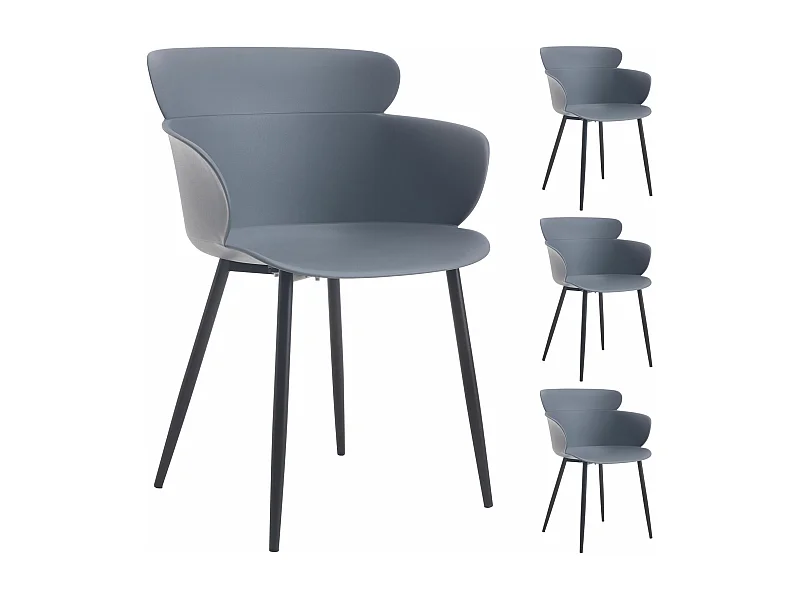 Lot de 4 chaises CATCH salle à manger ou cuisine design retro avec larges accoudoirs, coque en plastique gris et 4 pieds métal