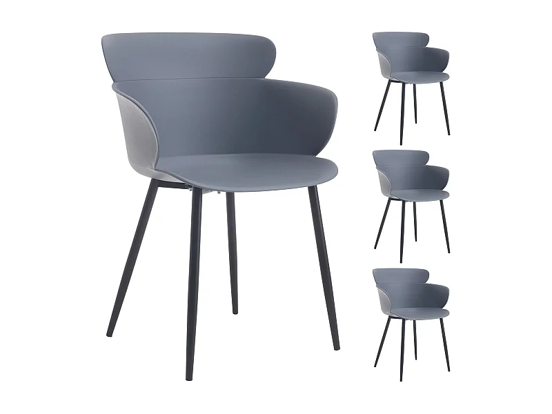 Lot de 4 chaises CATCH salle à manger ou cuisine design retro avec larges accoudoirs, coque en plastique gris et 4 pieds métal