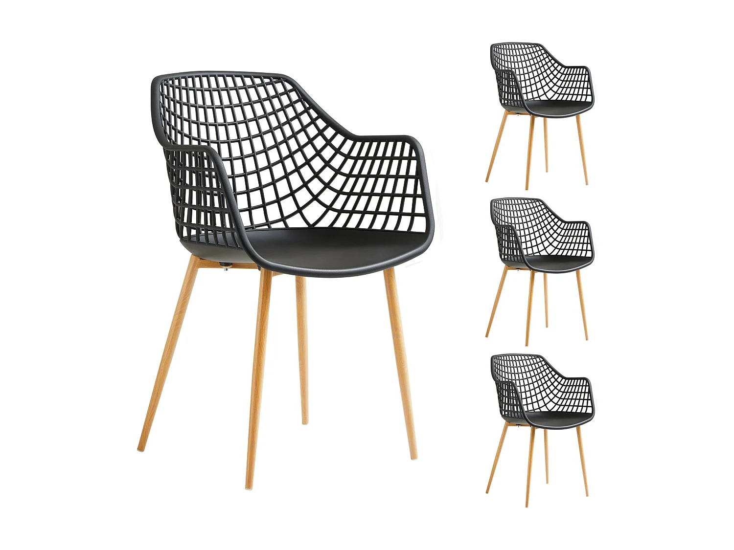 Lot de 4 chaises LUCIA pour salle à mange design retro avec accoudoirs, coque en plastique noir et pieds en métal décor chêne