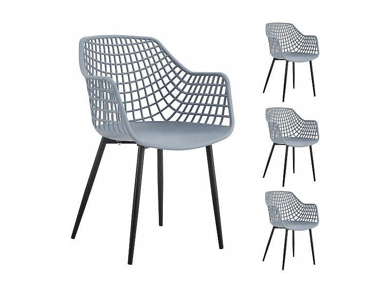 Lot de 4 chaises LUCIA pour salle à manger ou cuisine au design retro avec accoudoirs, coque en plastique gris clair